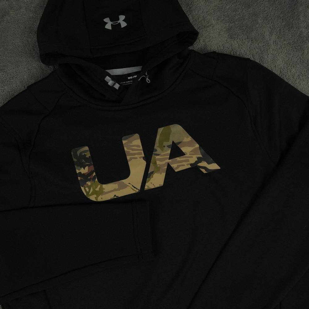 Under Armour Tech Hoodie Mens Medium Black Camo‎ Logo Loose Fit Pullover